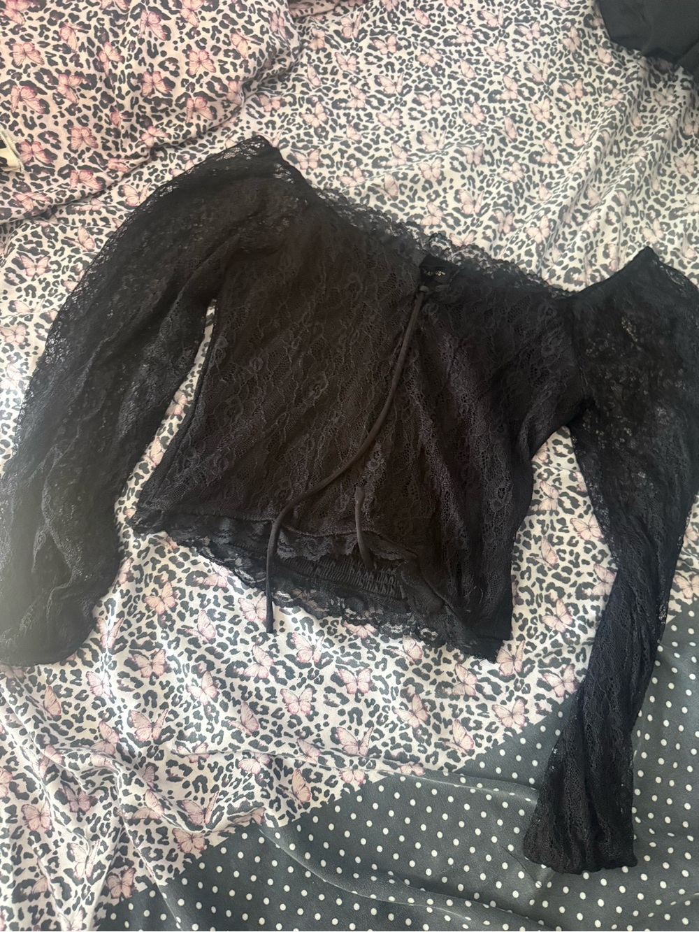 Almost Famous Black Sheer Lace Off-Shoulder Tie Blouse